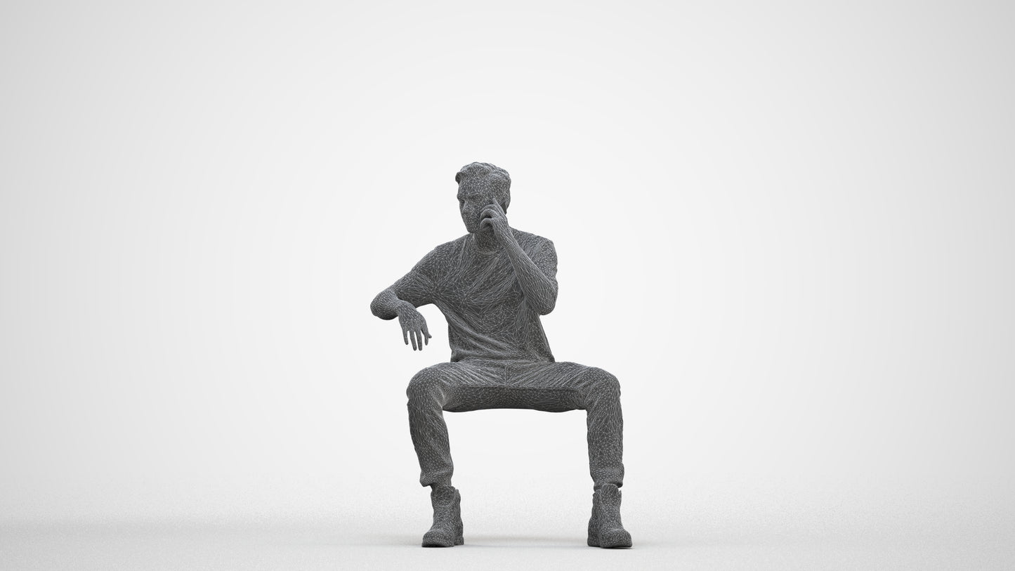 3D people model man casual sitting, scanned human for 3ds Max rendering, three-quarter front view render