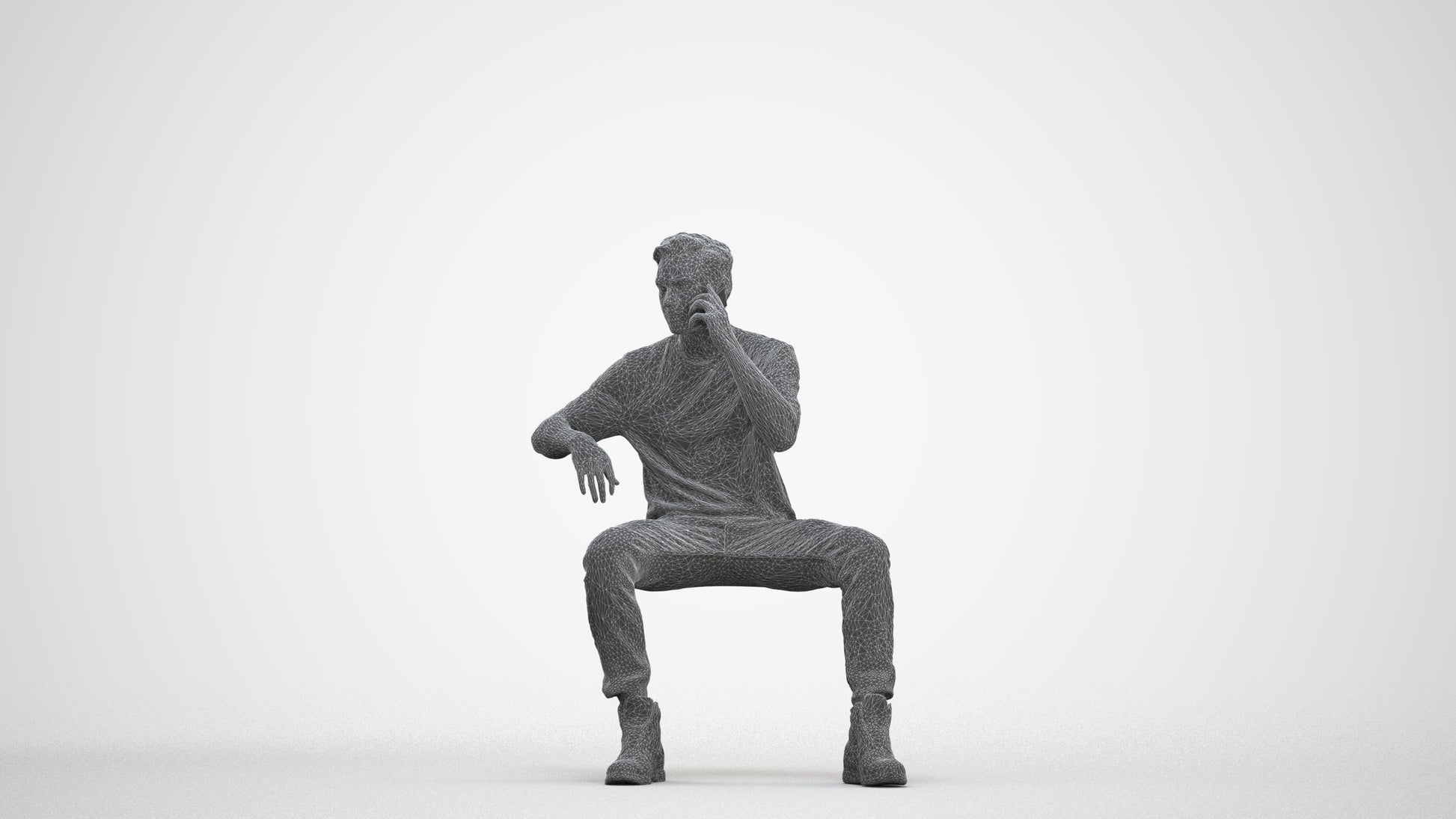 3D people model man casual sitting, scanned human for 3ds Max rendering, three-quarter front view render