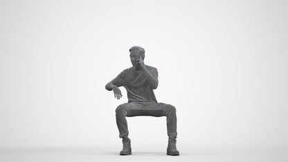 3D people model man casual sitting, scanned human for 3ds Max rendering, three-quarter front view render