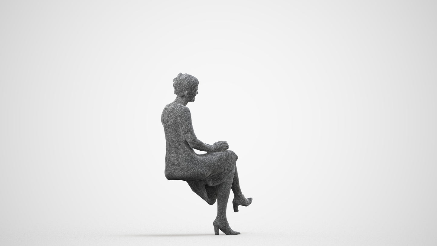 realistic 3D people woman business sitting, render-ready for V-Ray and Corona, FBX OBJ, wireframe side view