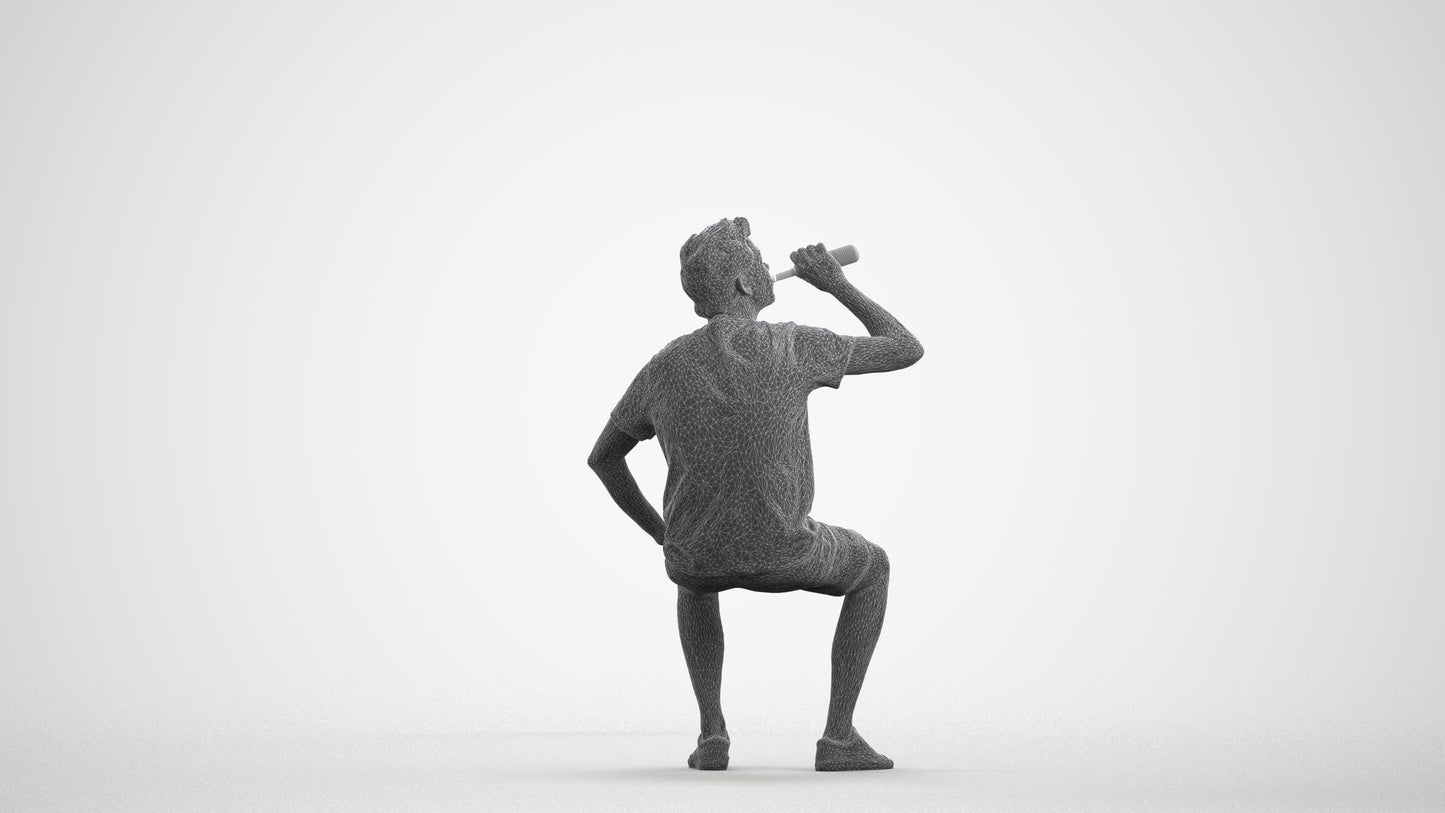 3D scanned man sitting casual, photorealistic archviz people for Enscape and SketchUp, wireframe front view