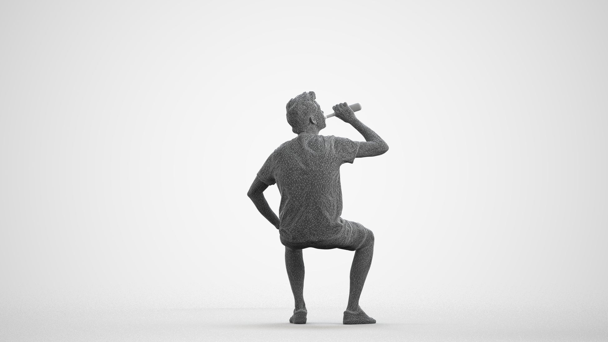 3D scanned man sitting casual, photorealistic archviz people for Enscape and SketchUp, wireframe front view