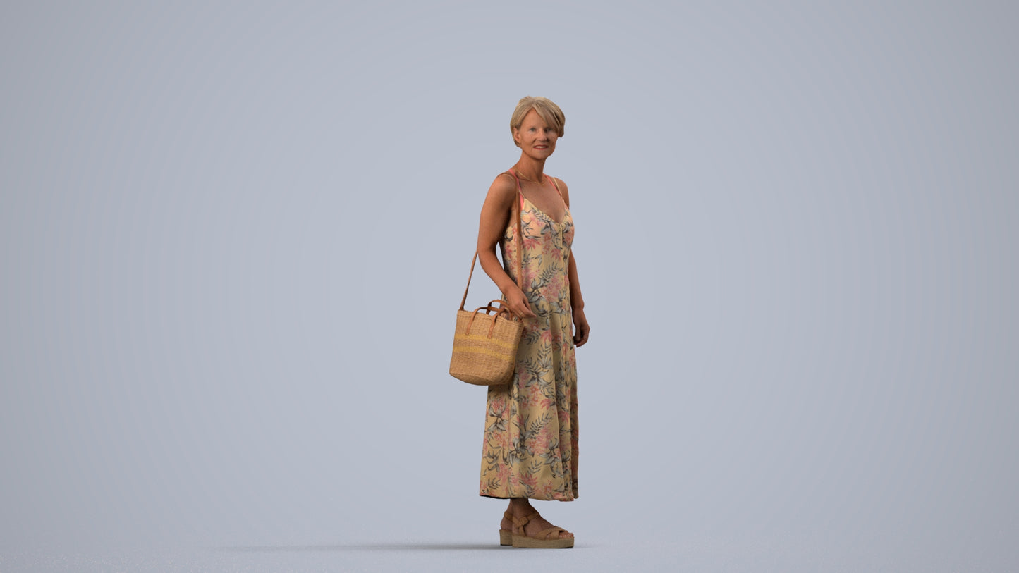 3D human model senior woman standing, photogrammetry scanned person for archviz, side view render