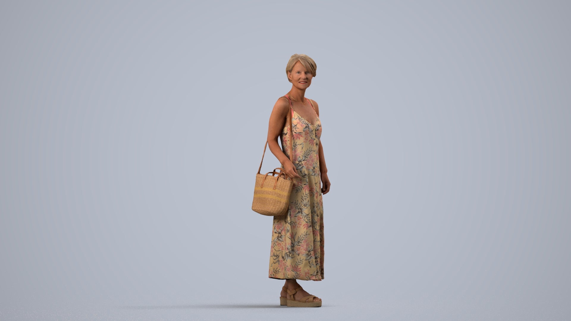 3D human model senior woman standing, photogrammetry scanned person for archviz, side view render