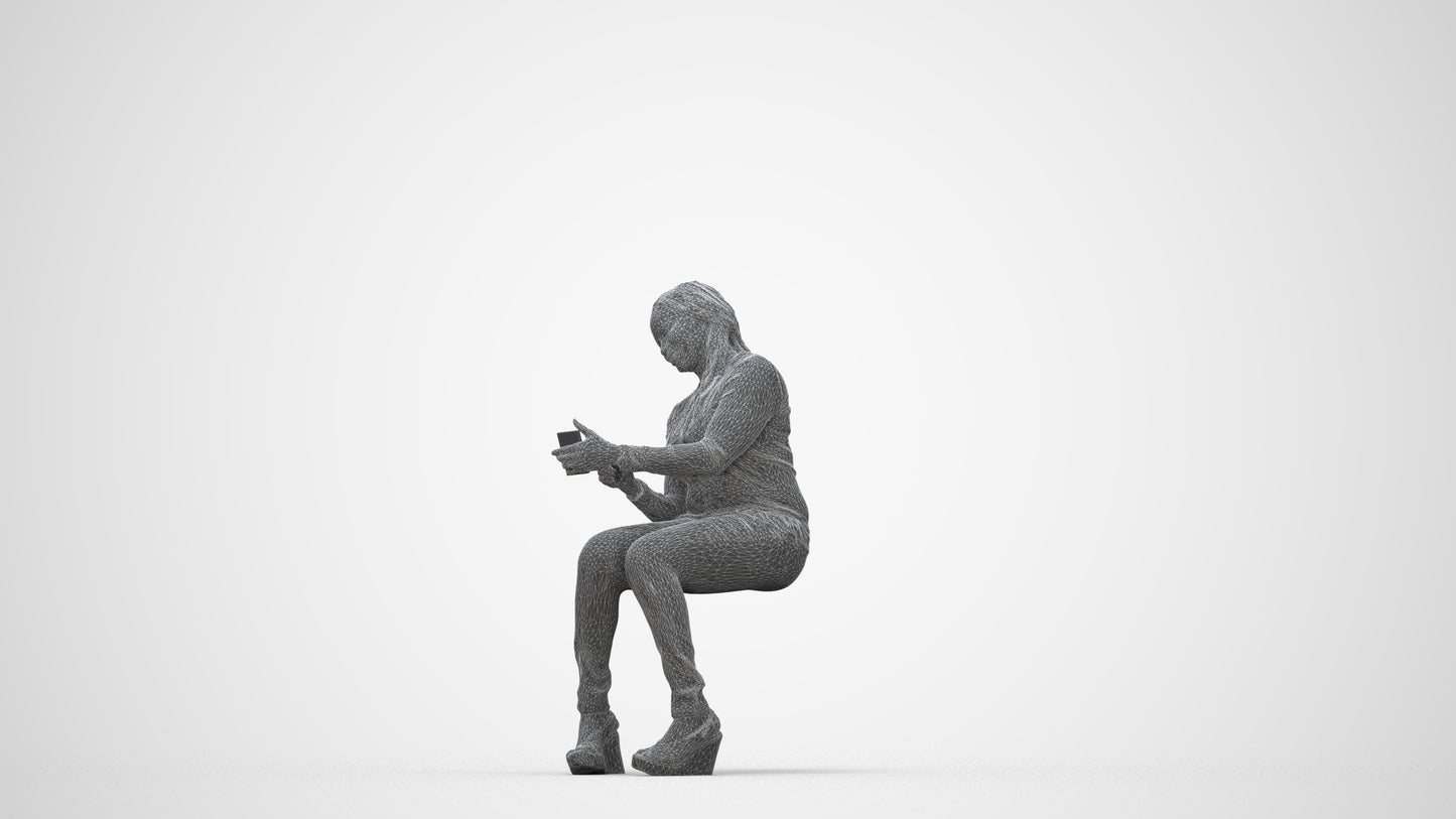 scanned 3D woman casual sitting, photogrammetry people for Enscape and V-Ray, wireframe back view
