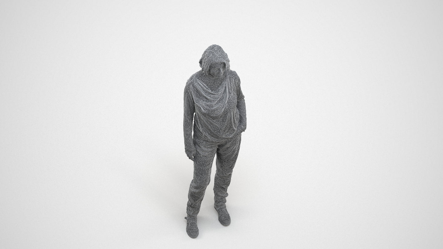 3D people model woman casual standing, scanned human for 3ds Max rendering, wireframe three-quarter view
