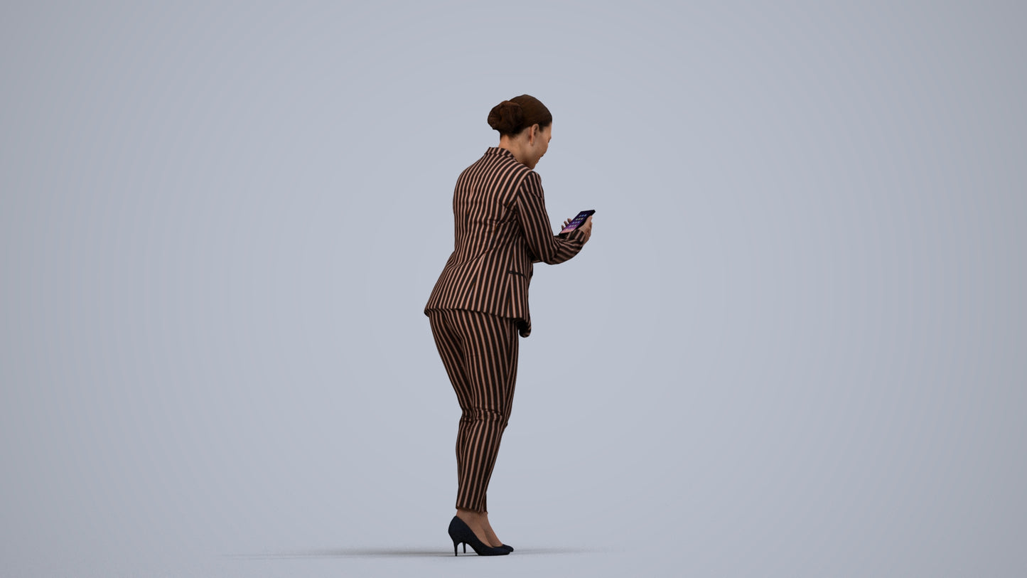 realistic 3D human woman business standing, archviz people FBX OBJ for Blender, side view render