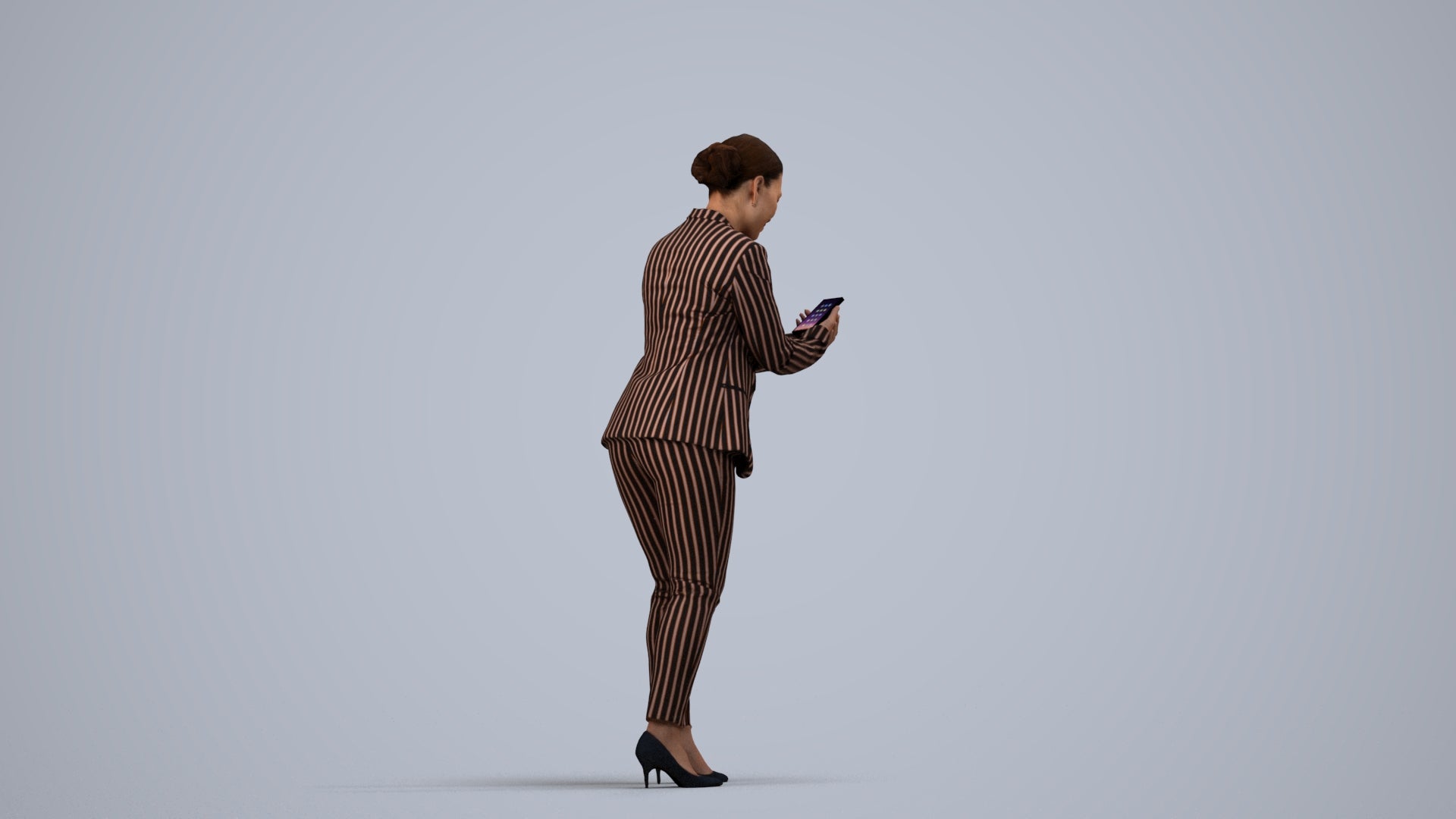 realistic 3D human woman business standing, archviz people FBX OBJ for Blender, side view render