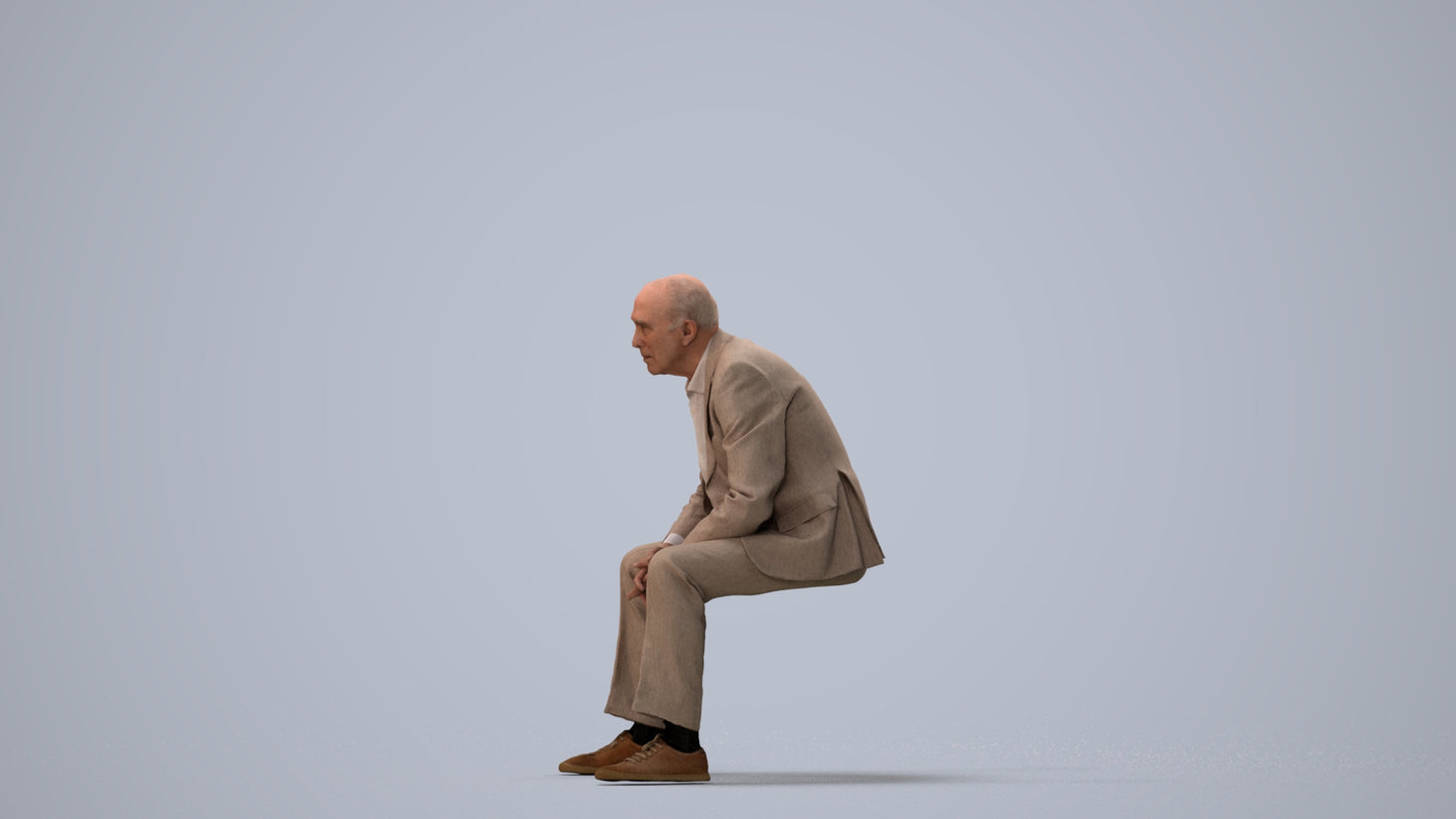 3D human model senior man business sitting, photogrammetry scanned person for archviz, three-quarter view render