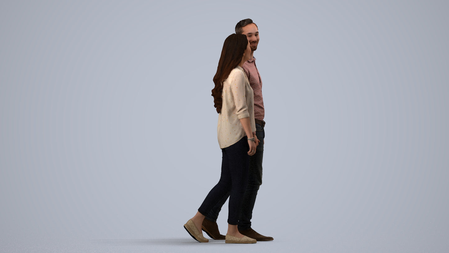 realistic 3D human woman casual couple, archviz people FBX OBJ for Blender, side view render