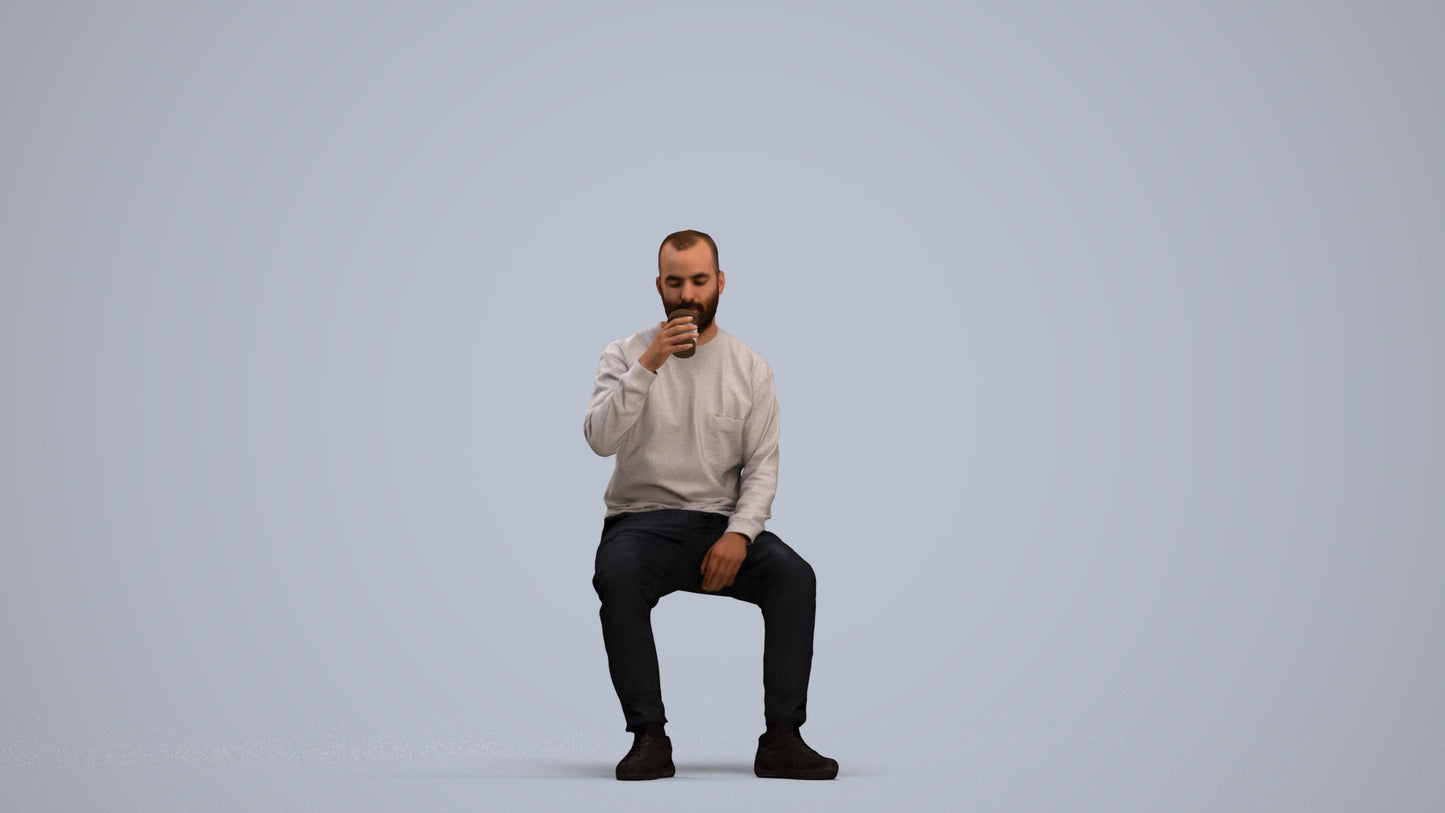 3D people model man casual sitting, scanned human for 3ds Max rendering, standing pose render