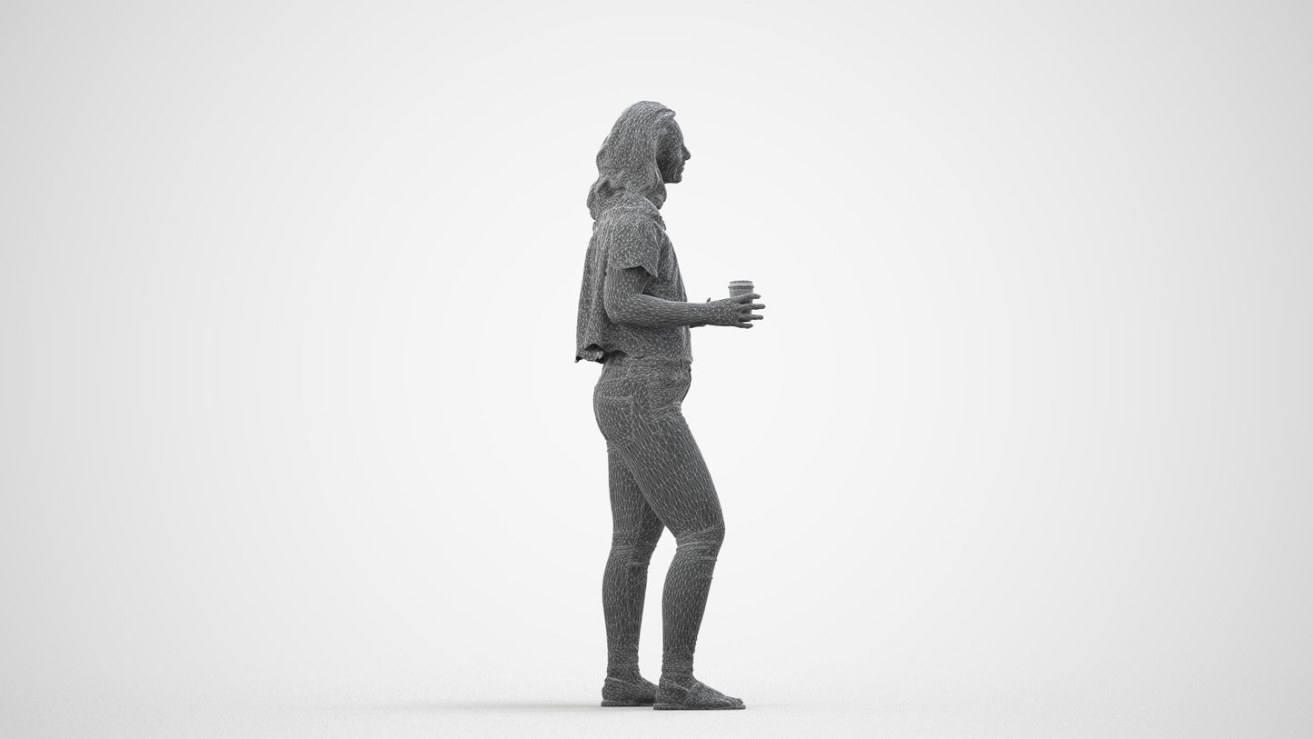 realistic 3D human woman casual standing, archviz people FBX OBJ for Blender, wireframe side view
