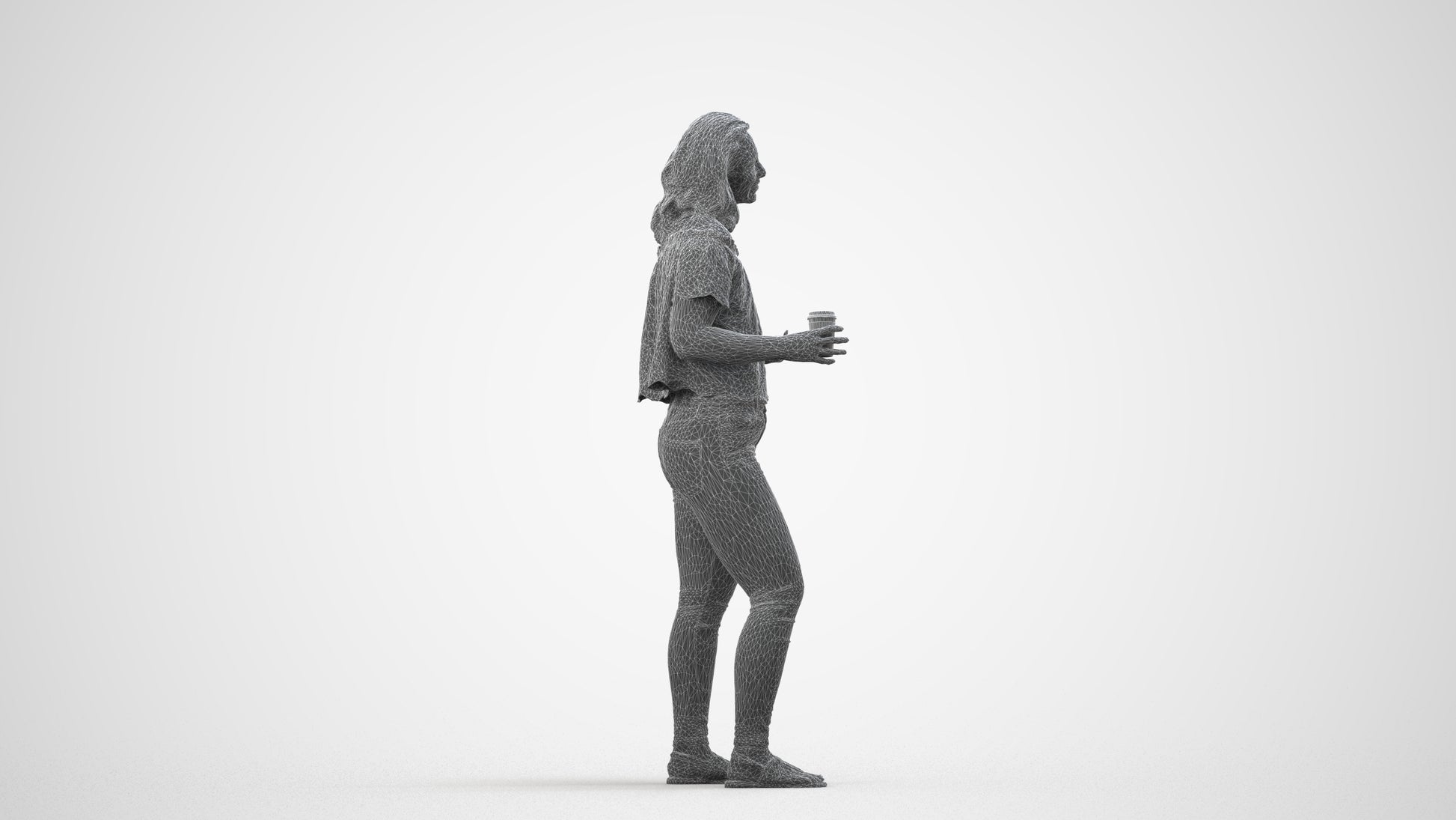 realistic 3D human woman casual standing, archviz people FBX OBJ for Blender, wireframe side view