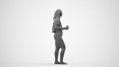 realistic 3D human woman casual standing, archviz people FBX OBJ for Blender, wireframe side view