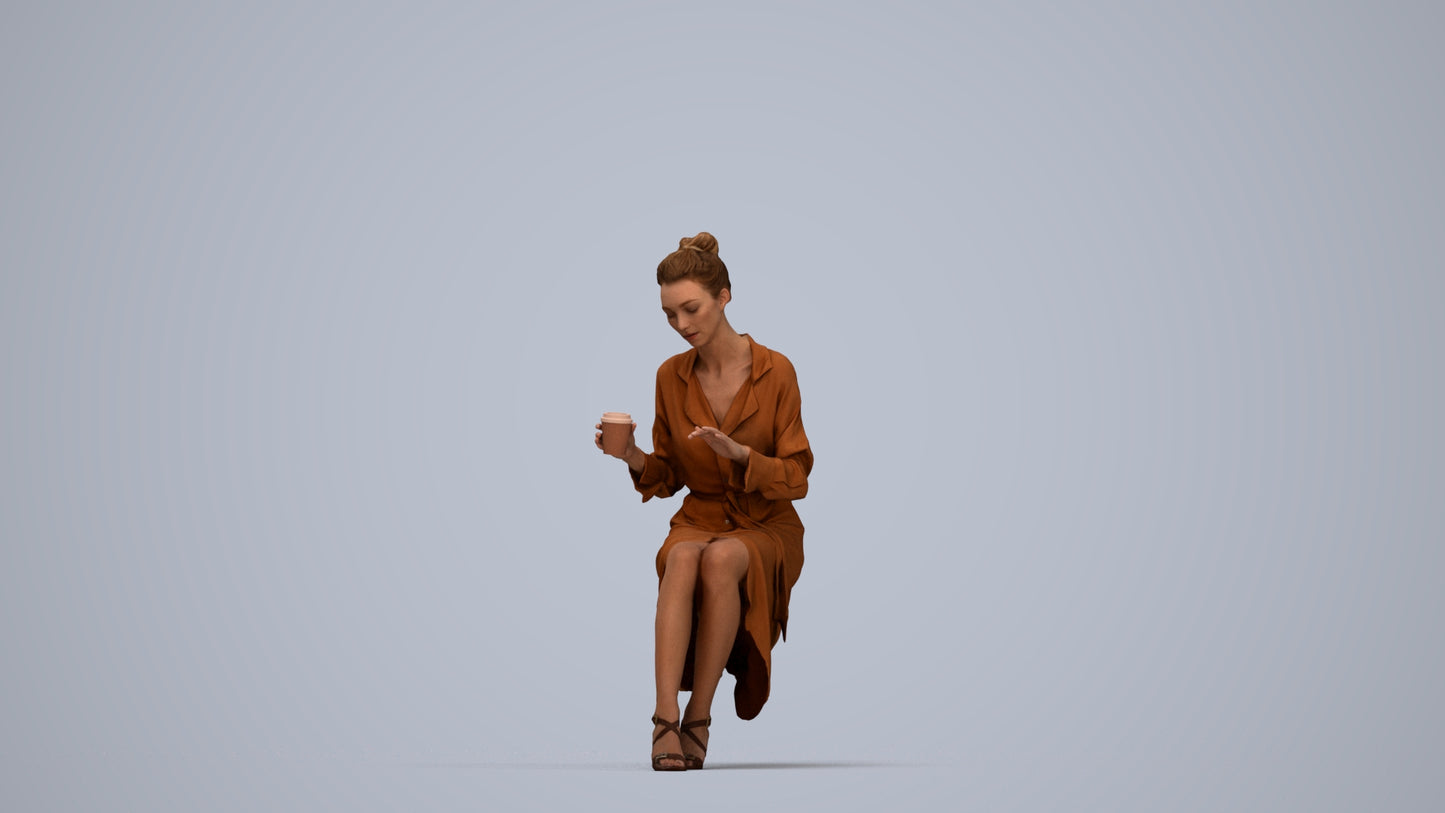 realistic 3D people woman casual sitting, render-ready for V-Ray and Corona, FBX OBJ, top-down view render