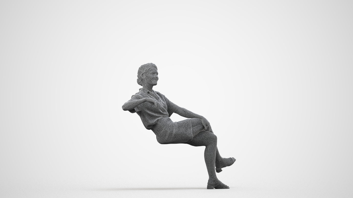 3D human model woman casual sitting, photogrammetry scanned person for archviz, wireframe side view
