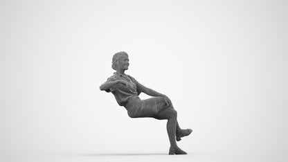 3D human model woman casual sitting, photogrammetry scanned person for archviz, wireframe side view