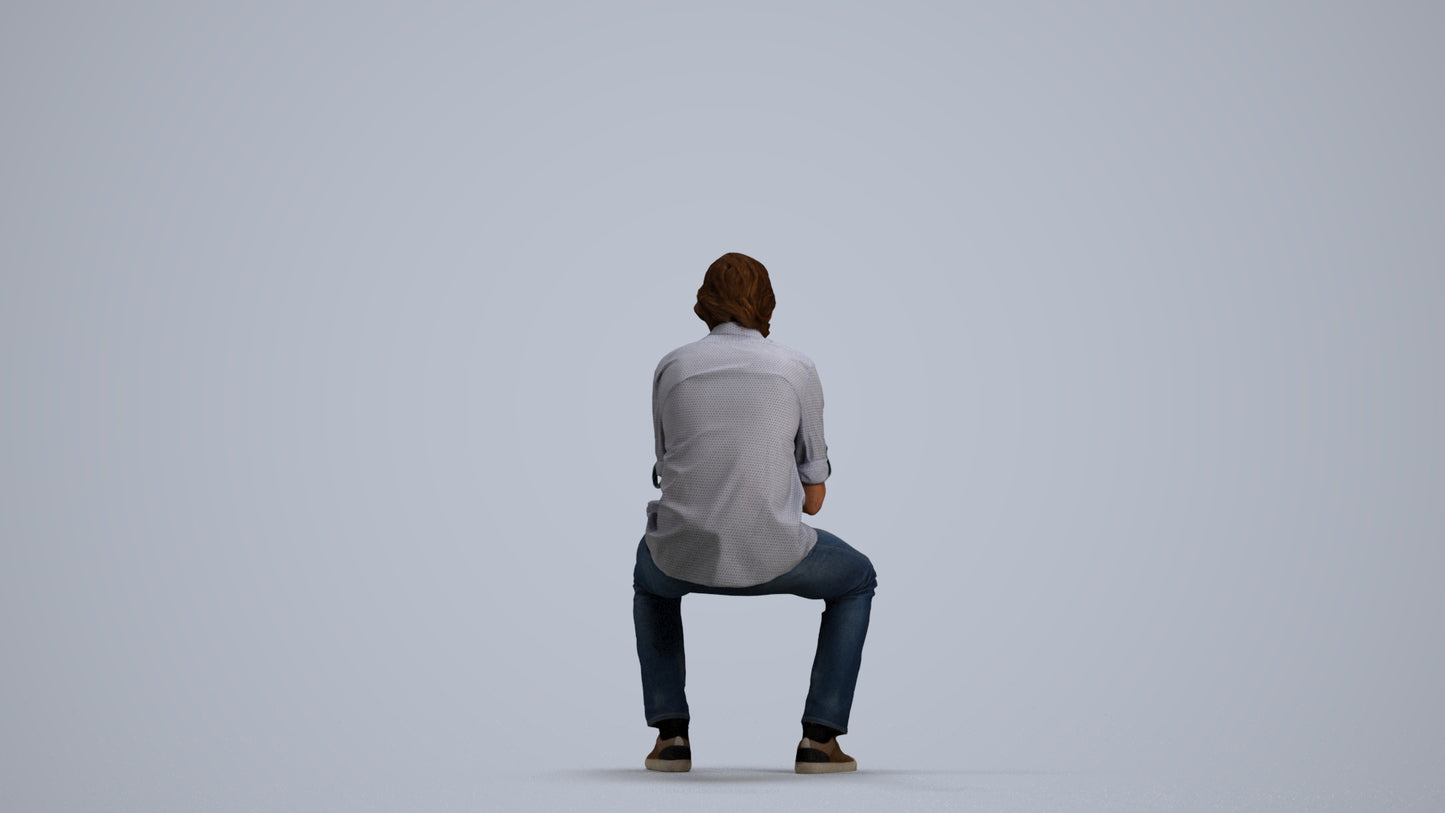 photogrammetry 3D man casual sitting, realistic human model archviz FBX, front view render