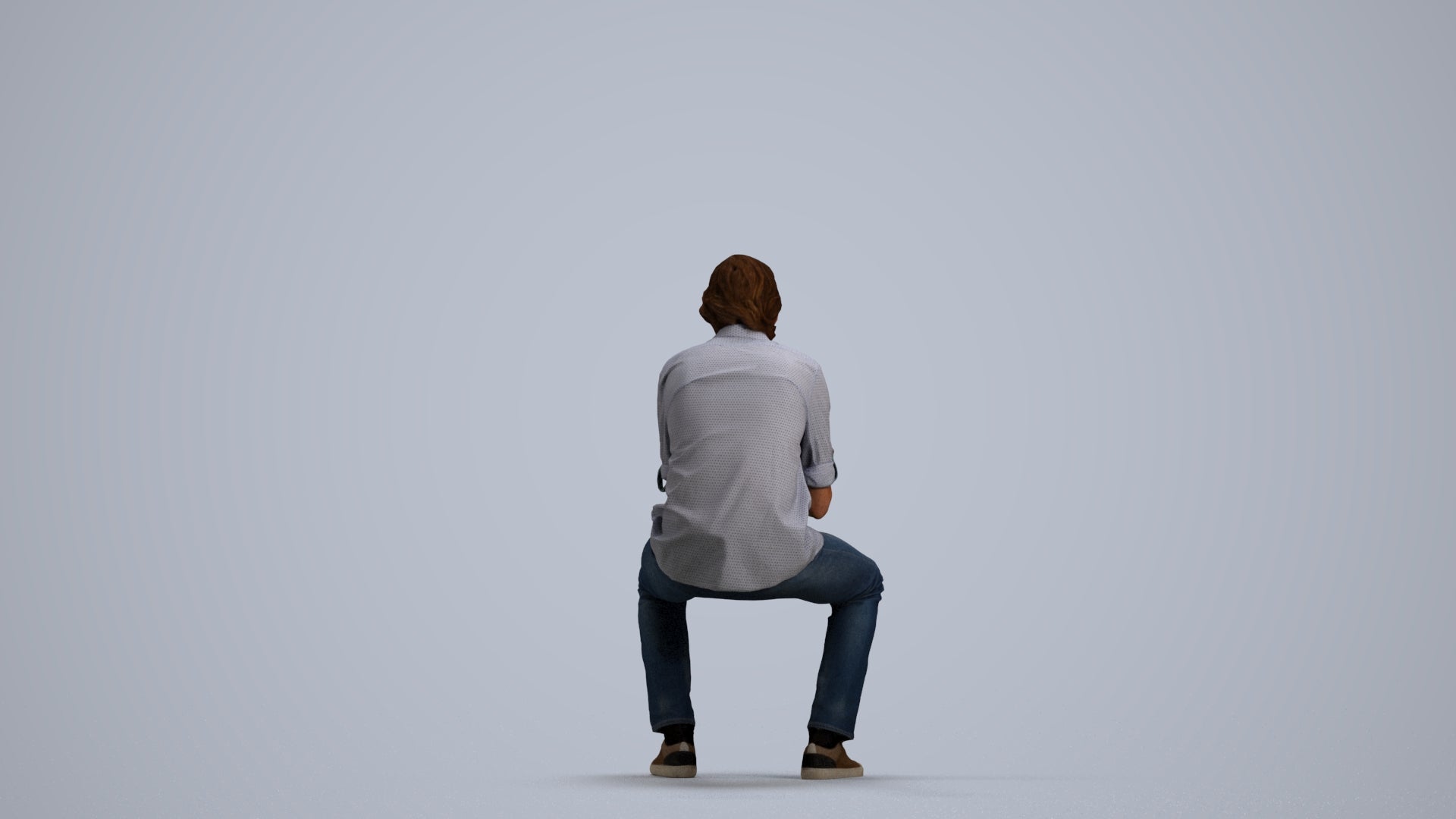 photogrammetry 3D man casual sitting, realistic human model archviz FBX, front view render