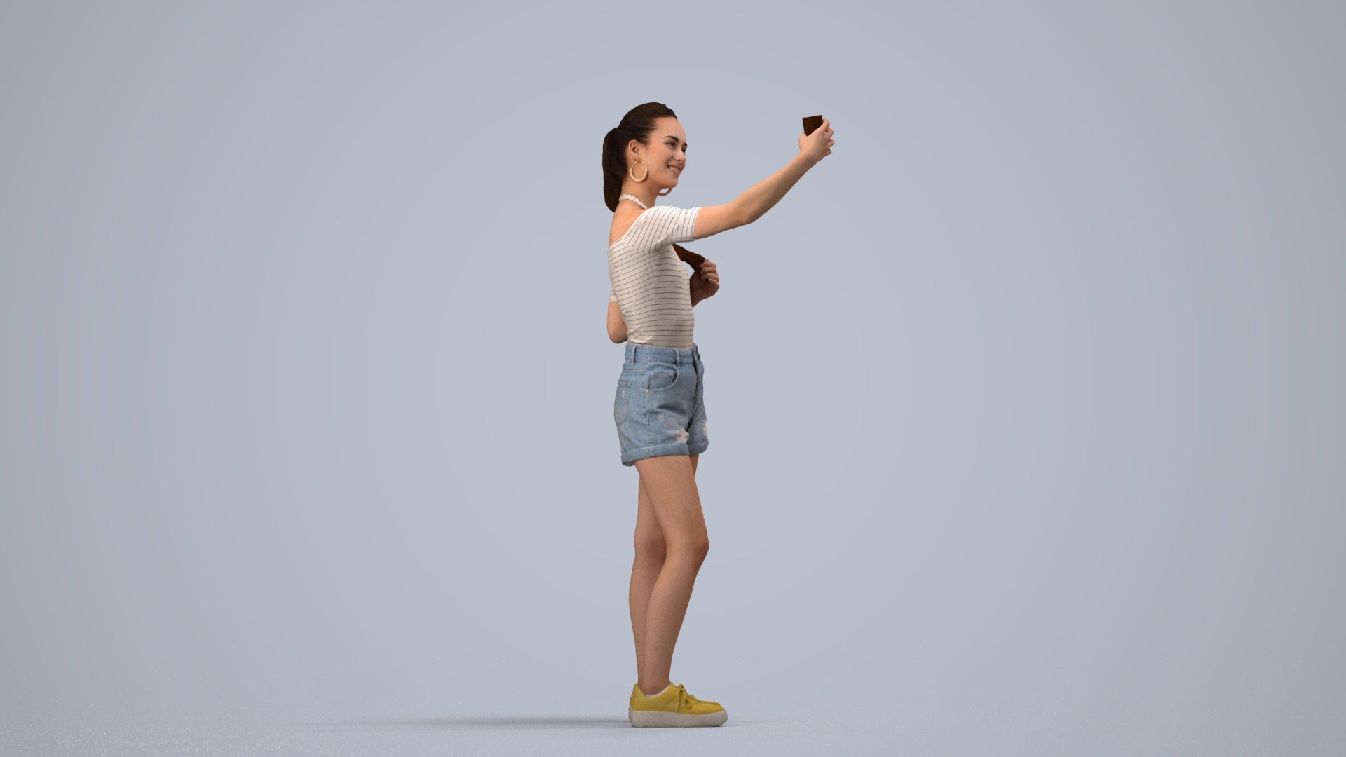 realistic 3D people woman casual standing, render-ready for V-Ray and Corona, FBX OBJ, side view render
