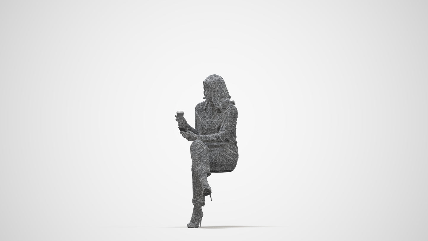 scanned 3D woman casual sitting, photogrammetry people for Enscape and V-Ray, wireframe back view