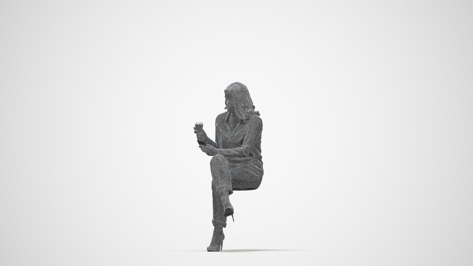 scanned 3D woman casual sitting, photogrammetry people for Enscape and V-Ray, wireframe back view