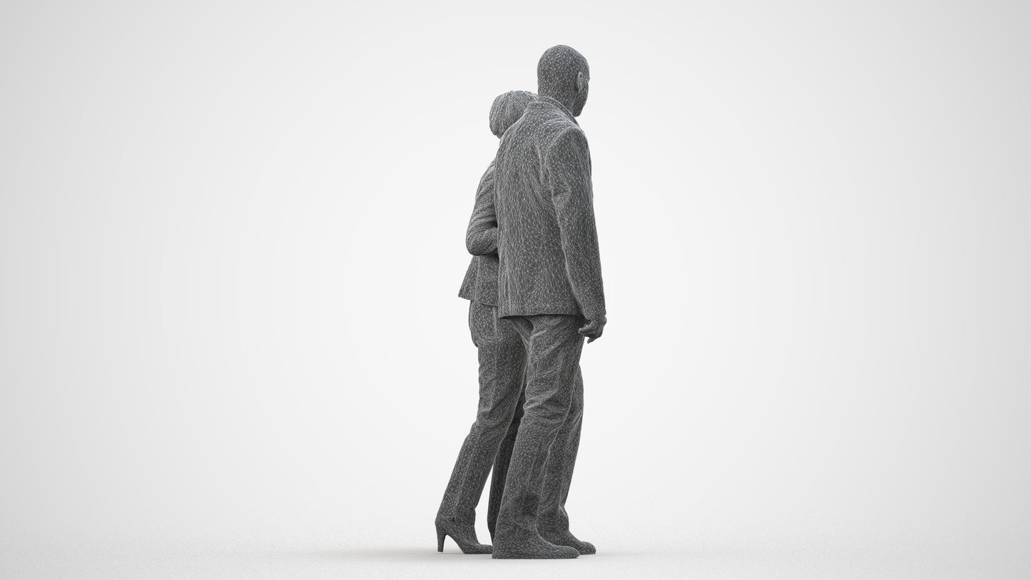3D human model senior woman business couple, photogrammetry scanned person for archviz, wireframe side view