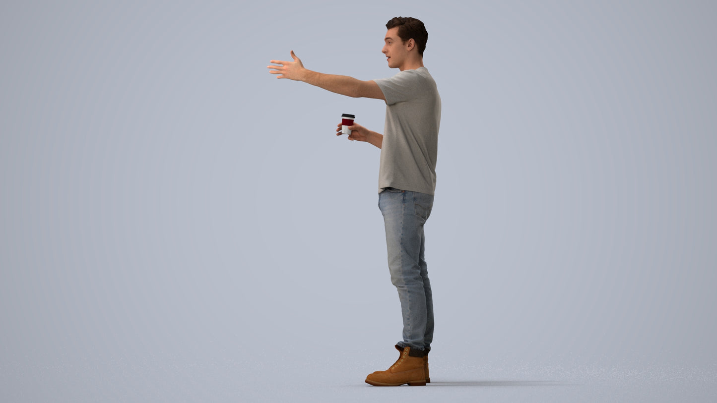 realistic 3D man casual standing, scanned archviz people for Blender and 3ds Max, three-quarter view render