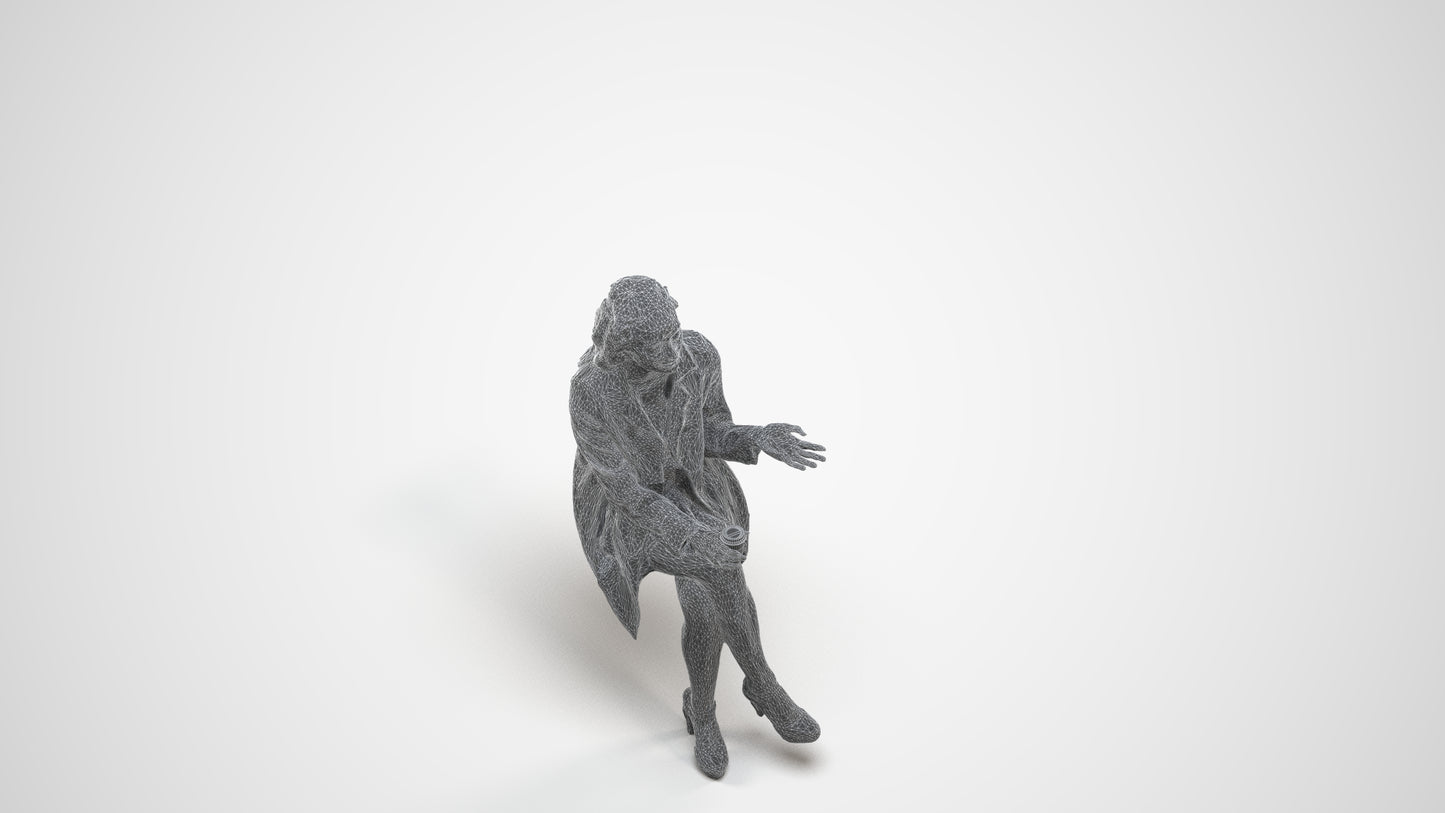 3D human model woman business sitting, photogrammetry scanned person for archviz, wireframe three-quarter view