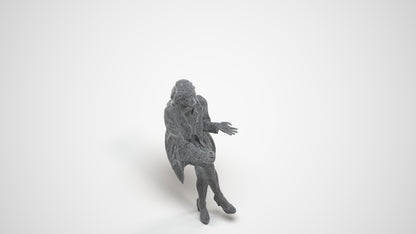 3D human model woman business sitting, photogrammetry scanned person for archviz, wireframe three-quarter view