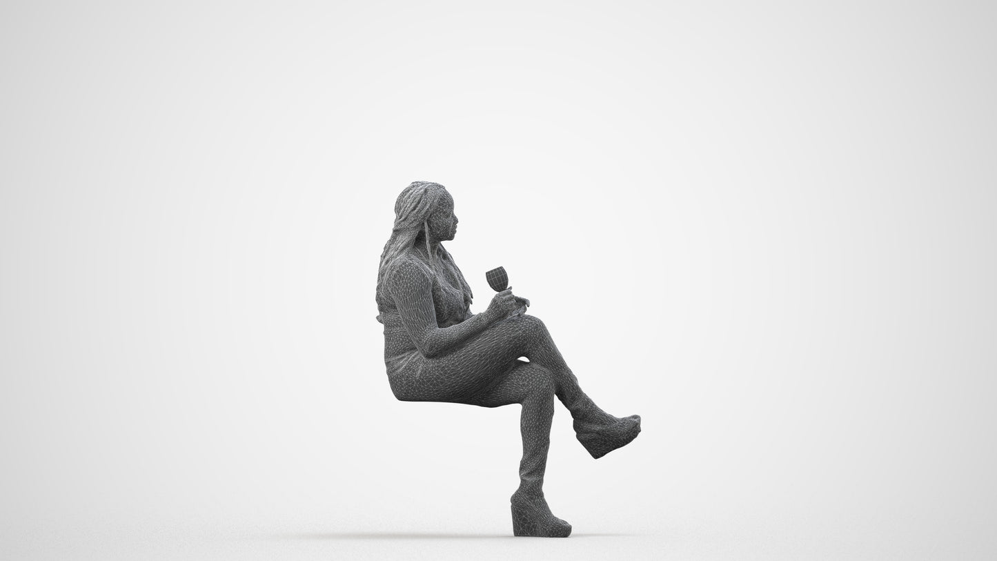 3D human model woman casual sitting, photogrammetry scanned person for archviz, wireframe side view