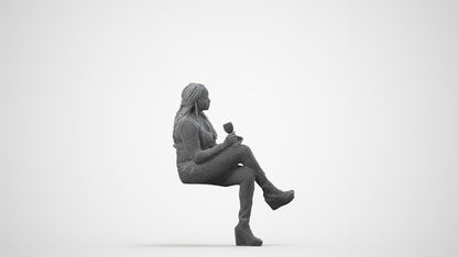 3D human model woman casual sitting, photogrammetry scanned person for archviz, wireframe side view
