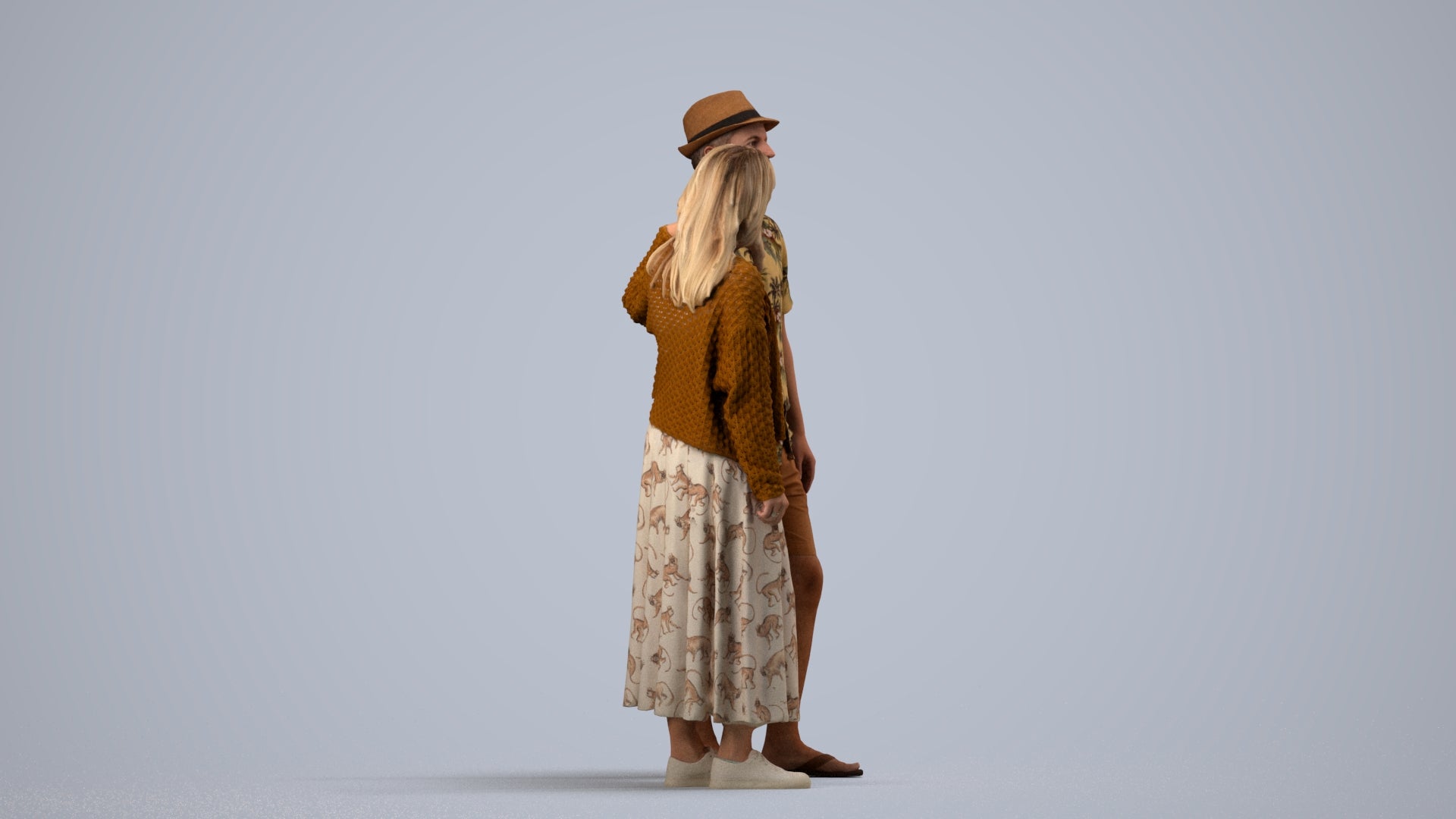 3D human model woman standing, photogrammetry scanned person for archviz, side view render