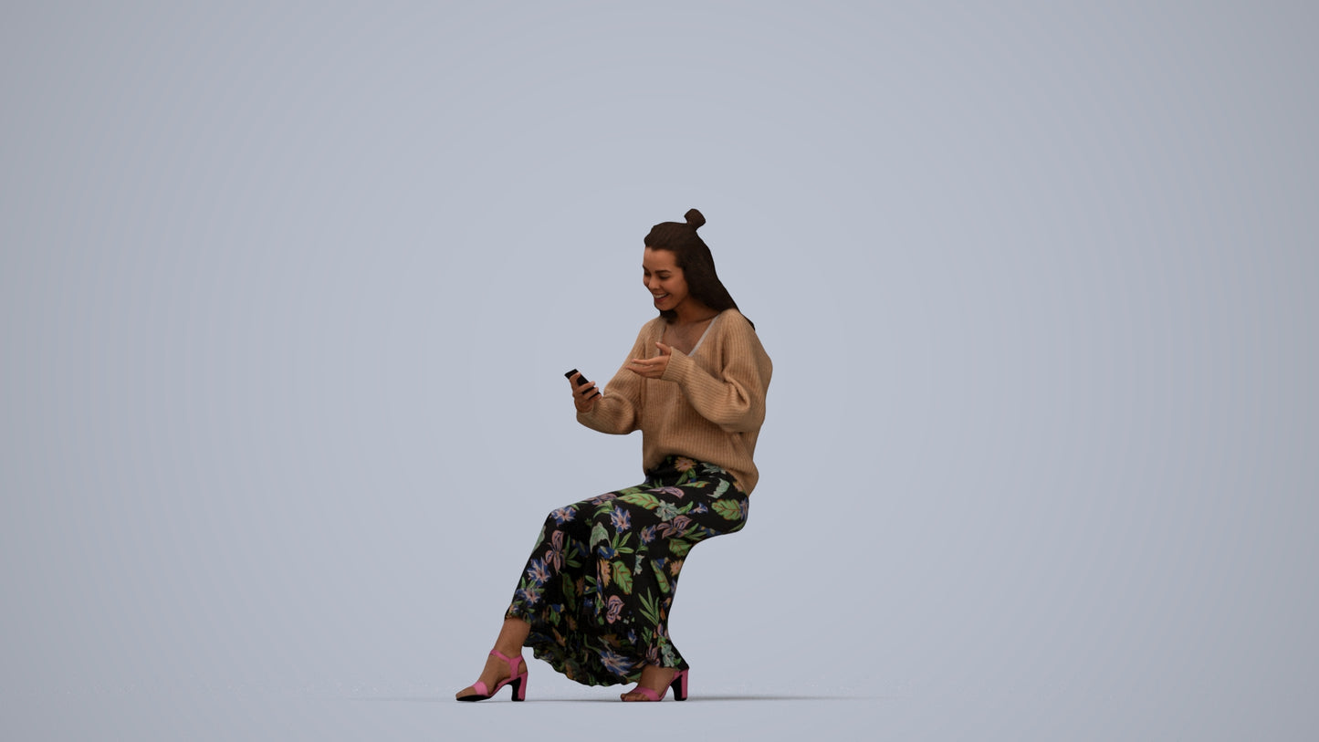realistic 3D woman casual sitting, scanned archviz people for Blender and 3ds Max, top-down view render