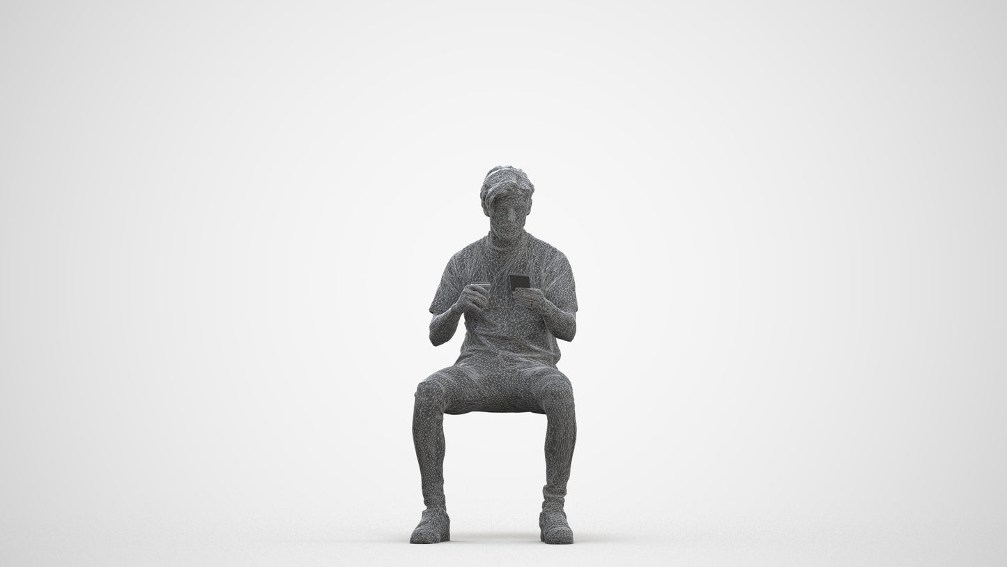 3D human model man casual sitting, photogrammetry scanned person for archviz, three-quarter front view render