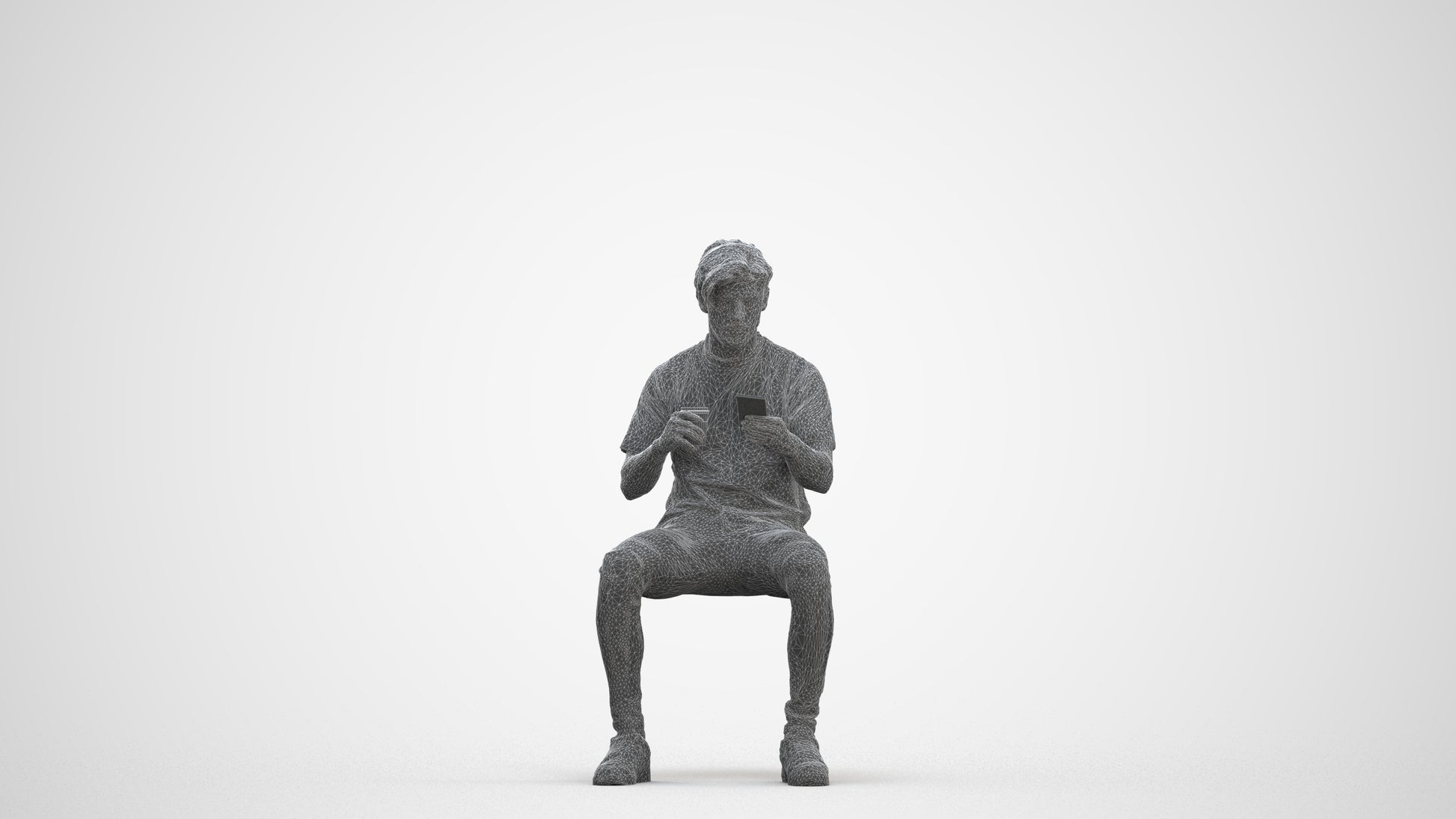 3D human model man casual sitting, photogrammetry scanned person for archviz, three-quarter front view render