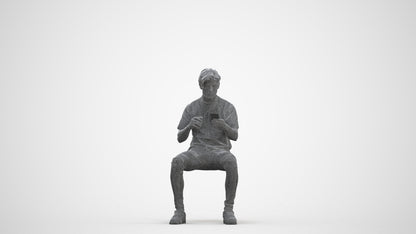 3D human model man casual sitting, photogrammetry scanned person for archviz, three-quarter front view render