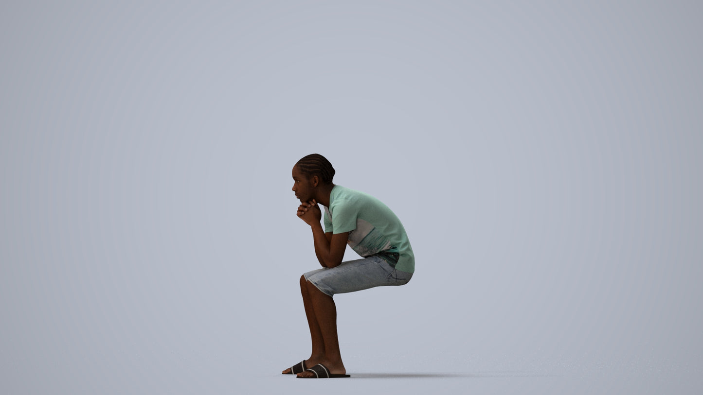 3D human model boy casual kids, photogrammetry scanned person for archviz, three-quarter view render