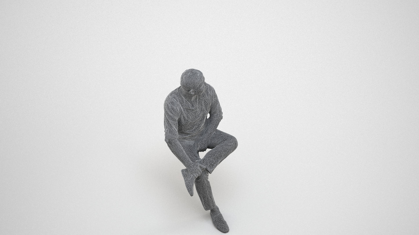 photogrammetry 3D man casual sitting, realistic human model archviz FBX, wireframe three-quarter view