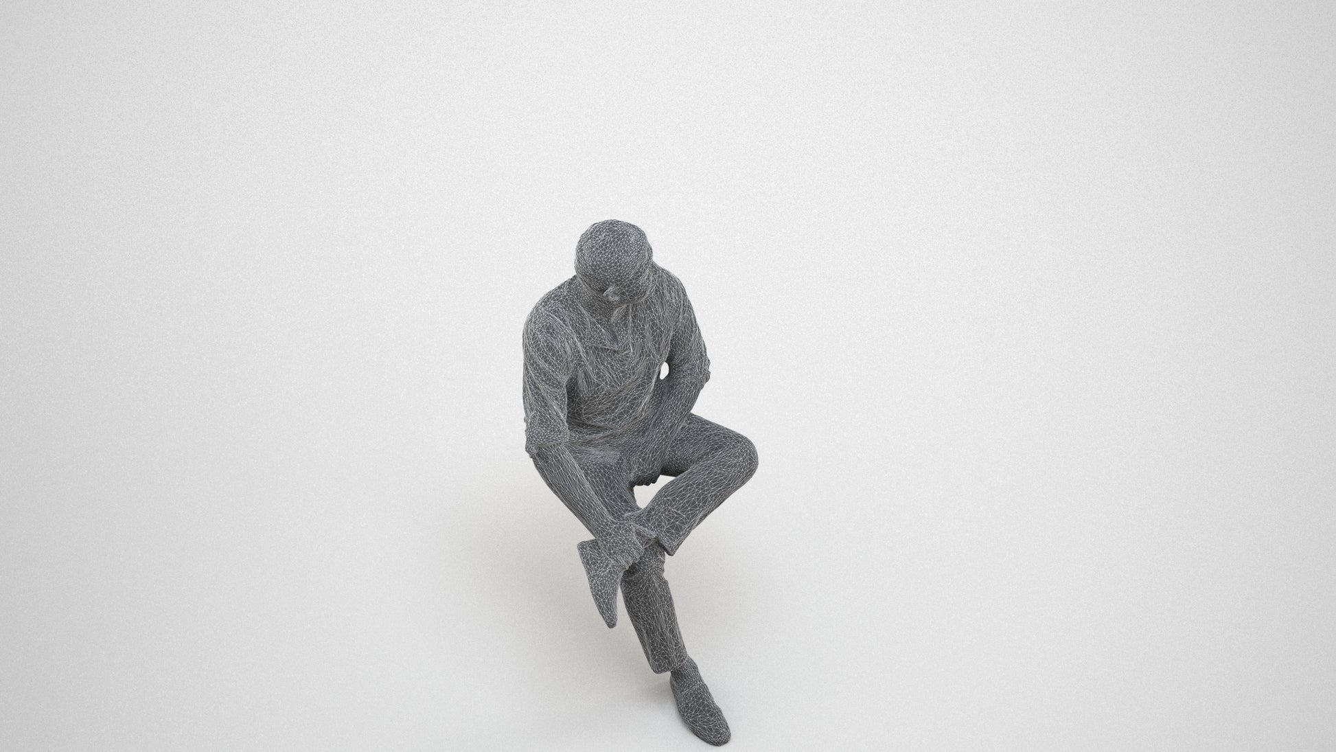 photogrammetry 3D man casual sitting, realistic human model archviz FBX, wireframe three-quarter view