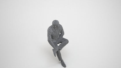 photogrammetry 3D man casual sitting, realistic human model archviz FBX, wireframe three-quarter view