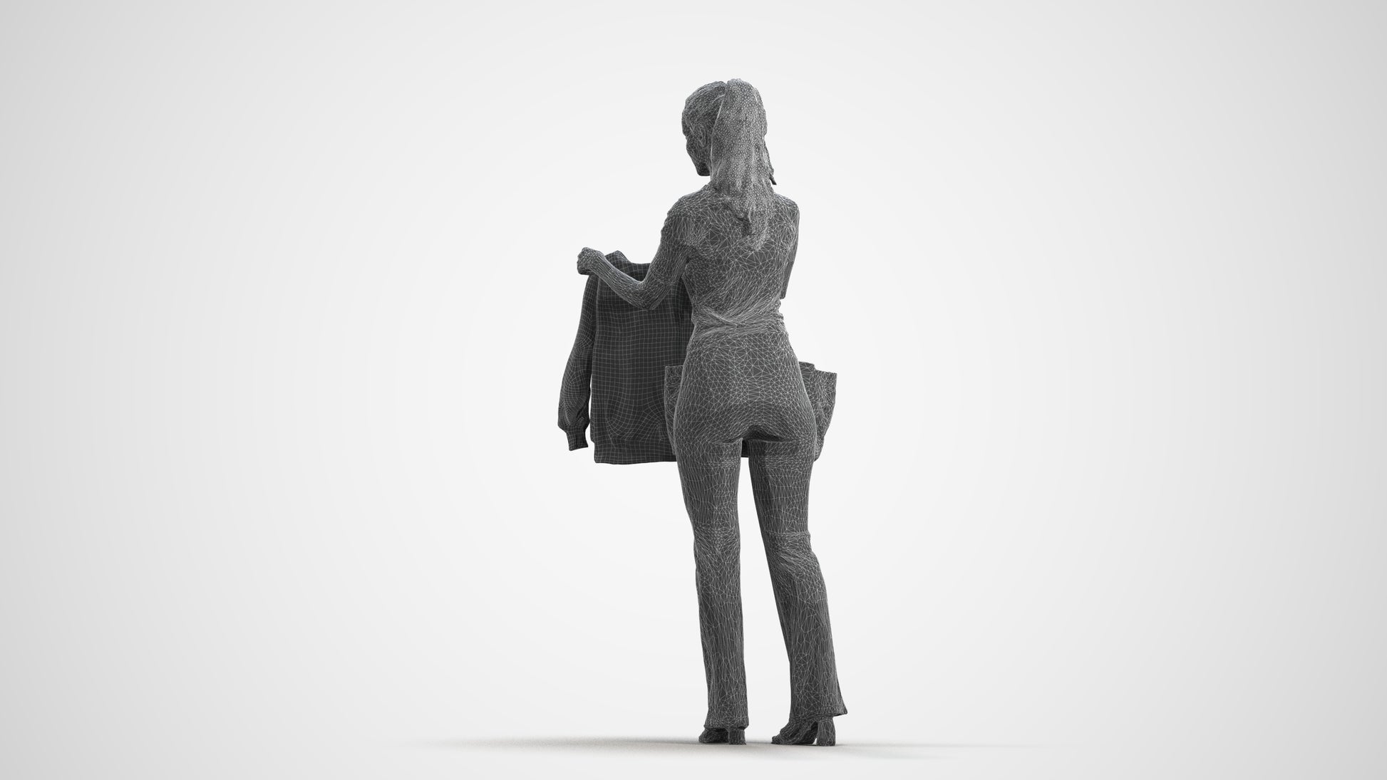 realistic 3D woman casual shopping, scanned archviz people for Blender and 3ds Max, wireframe front view