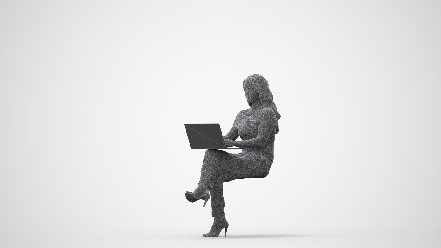 realistic 3D human woman business sitting, archviz people FBX OBJ for Blender, square thumbnail