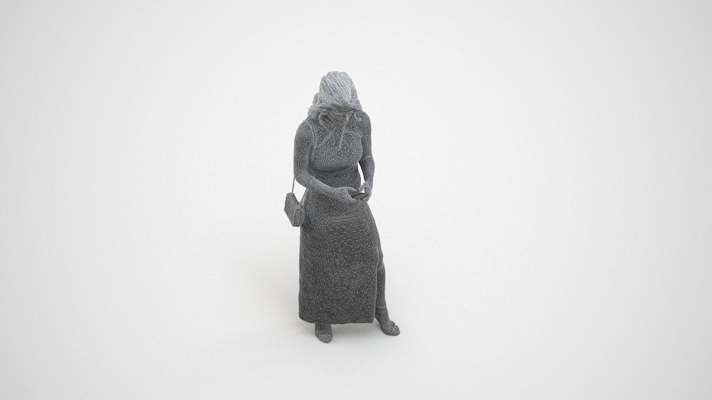 photogrammetry 3D woman formal standing, realistic human model archviz FBX, wireframe three-quarter view