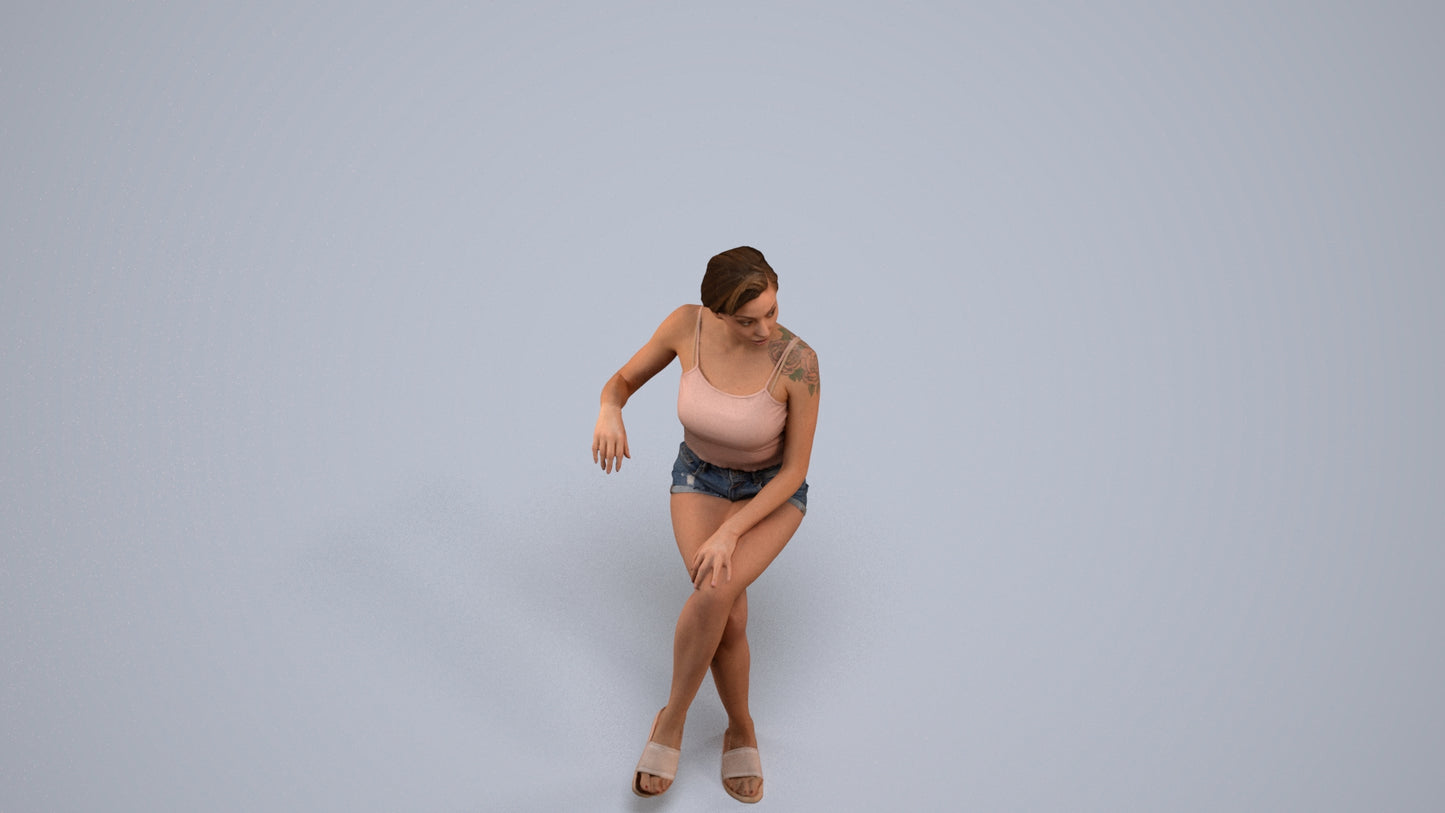 3D human model woman casual sitting, photogrammetry scanned person for archviz, back view render