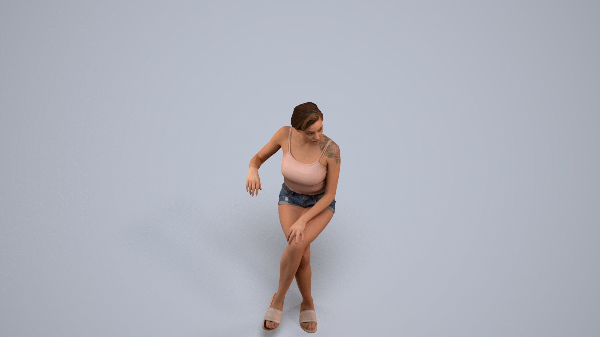 3D human model woman casual sitting, photogrammetry scanned person for archviz, back view render