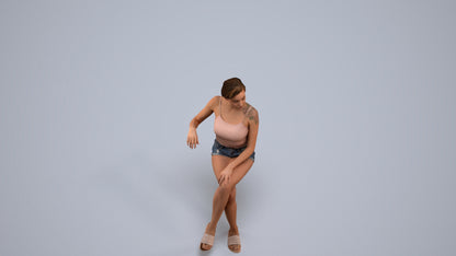 3D human model woman casual sitting, photogrammetry scanned person for archviz, back view render