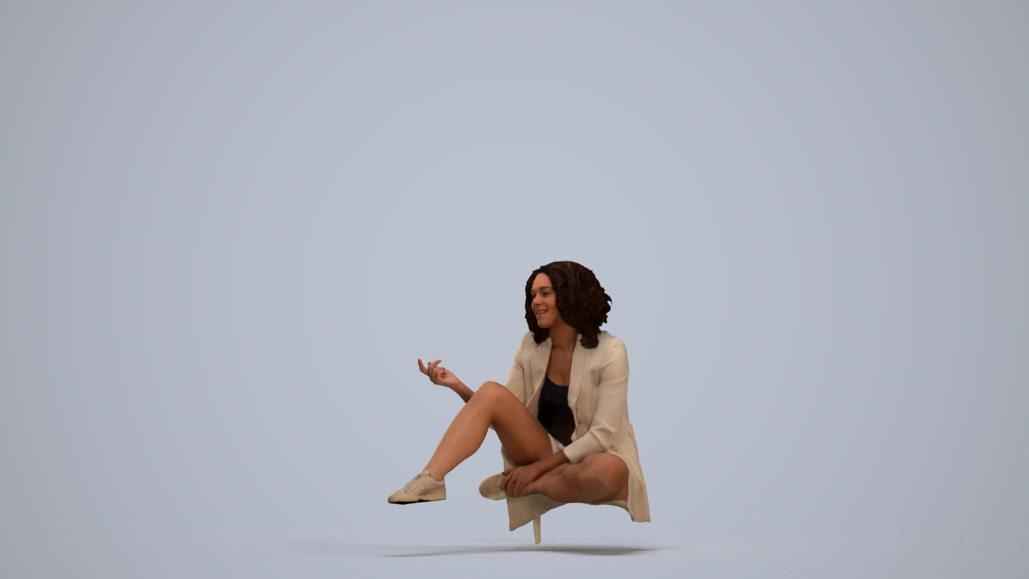 3D human model woman business sitting, photogrammetry scanned person for archviz, standing pose render