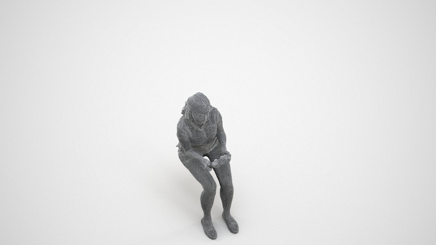 realistic 3D human woman casual sitting, archviz people FBX OBJ for Blender, wireframe three-quarter view