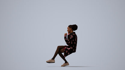 realistic 3D human woman casual sitting, archviz people FBX OBJ for Blender, three-quarter view render